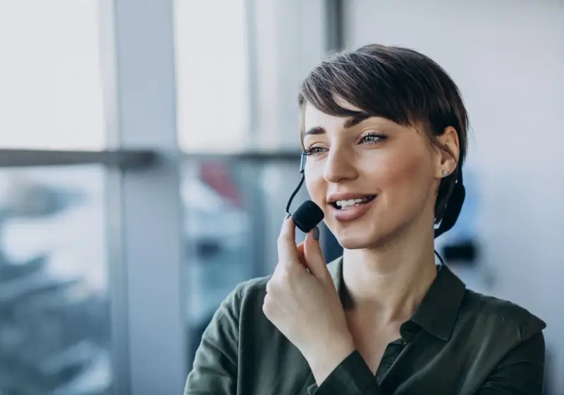 Team member smiling while talking on a headset